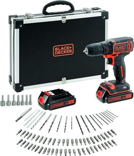 BLACK+DECKER BDCDC18BAFC-QW Perceuse Visseuse Sans Fil 18 V Li-Ion avec Chargeur - Inclus 80 Accessoires et 2 Batteries 1,5 Ah Livrée en Coffret